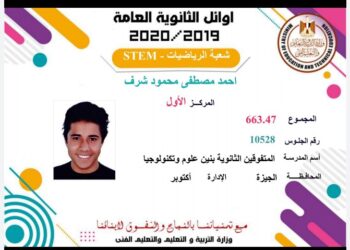 أحمد مصطفي محمود الأول على مدرسة المتفوقين للعلوم والتكنولوجيا